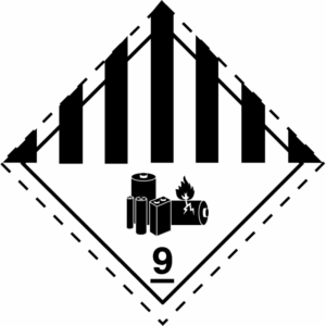 Etiqueta adhesiva materias y objetos peligrosos diversos, incluidas las materias peligrosas para el medio ambiente modelo 9A (Pilas) ADR 10x10 cm